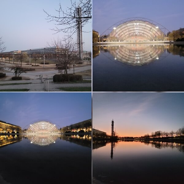 Das Leipziger Messegelände in der Abenddämmerung